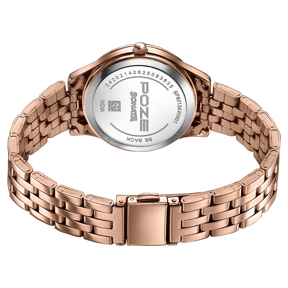 Sonata Poze Quartz Analog Brown Dial Rose Gold Metal Strap Watch For Women