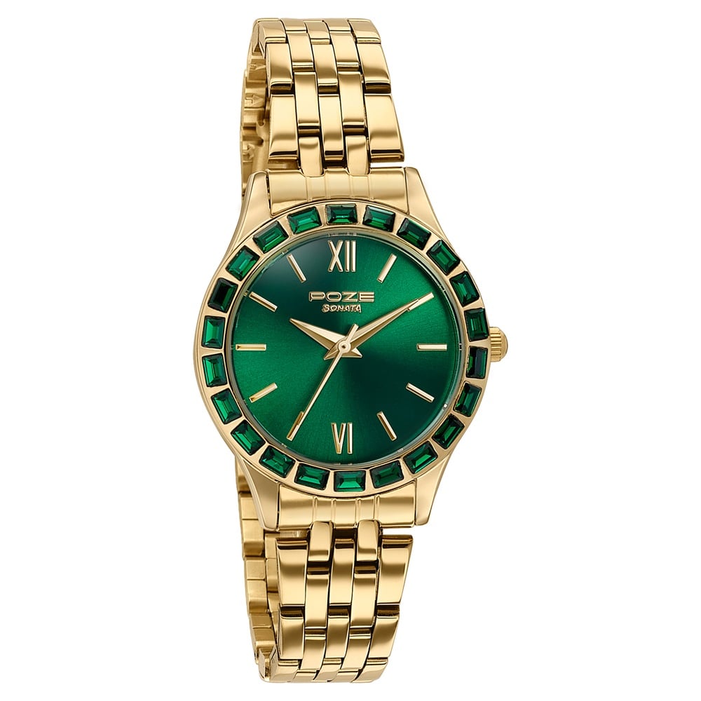 Sonata Poze Quartz Analog Green Dial Golden Metal Strap Watch For Women