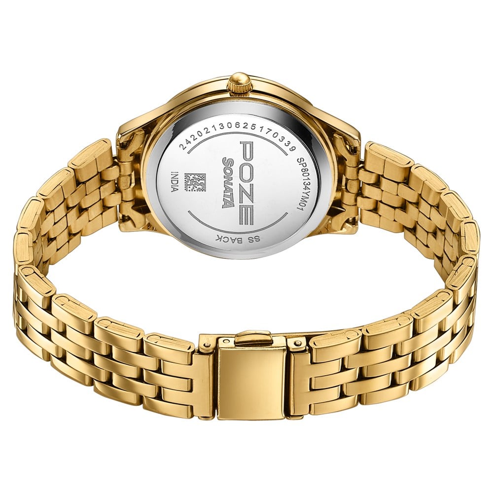Sonata Poze Quartz Analog Green Dial Golden Metal Strap Watch For Women