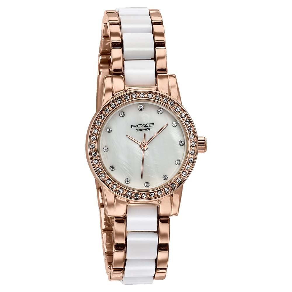 Sonata Poze Quartz Analog Black Dial Two Toned Metal & Plastic Strap Watch For Women