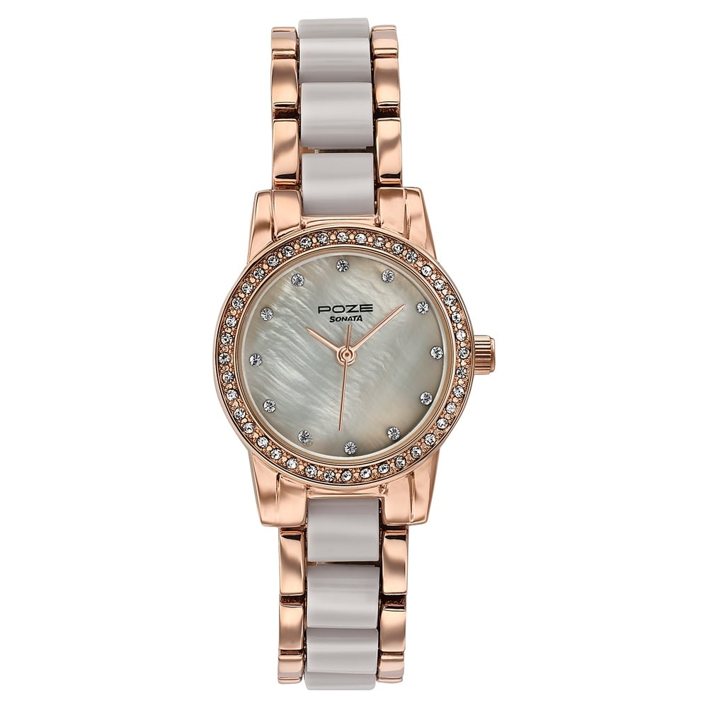 Sonata Poze Quartz Analog Beige Dial Two Toned Metal & Plastic Strap Watch For Women