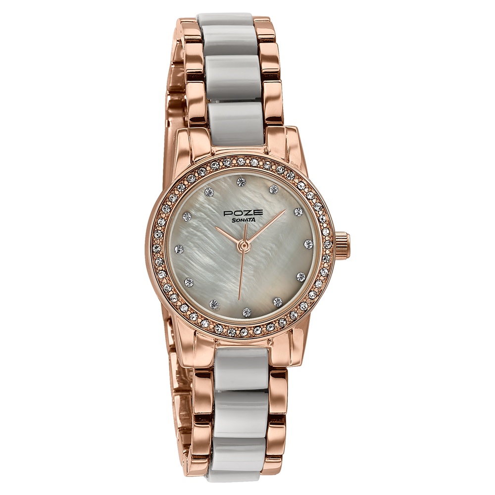 Sonata Poze Quartz Analog Beige Dial Two Toned Metal & Plastic Strap Watch For Women