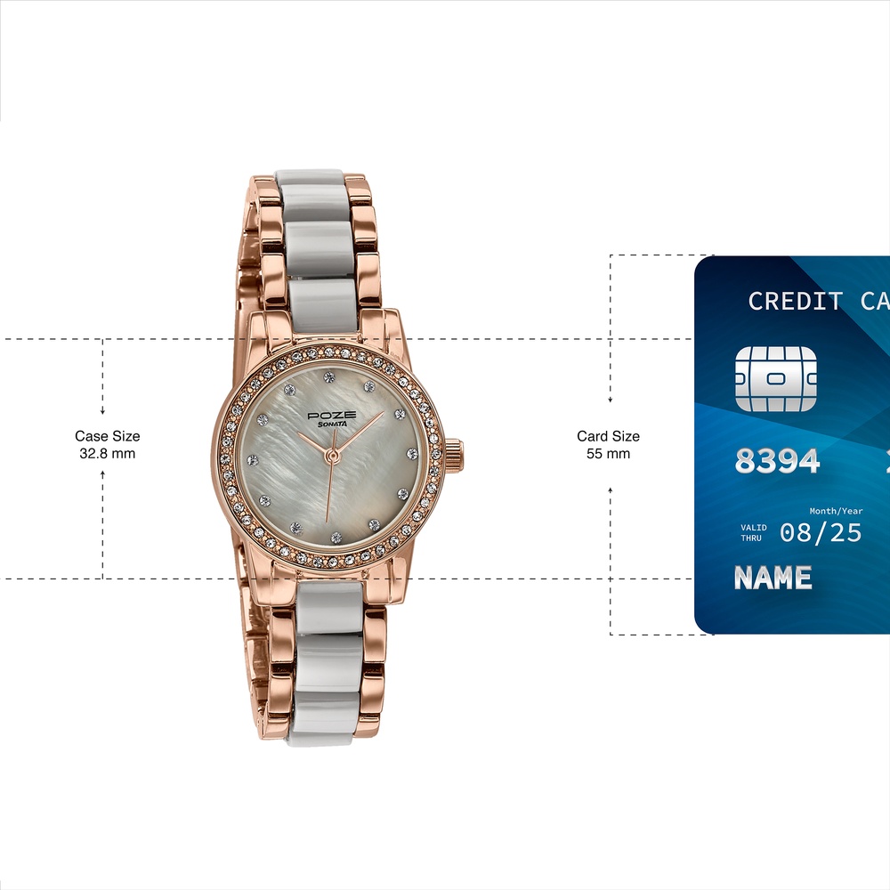 Sonata Poze Quartz Analog Beige Dial Two Toned Metal & Plastic Strap Watch For Women