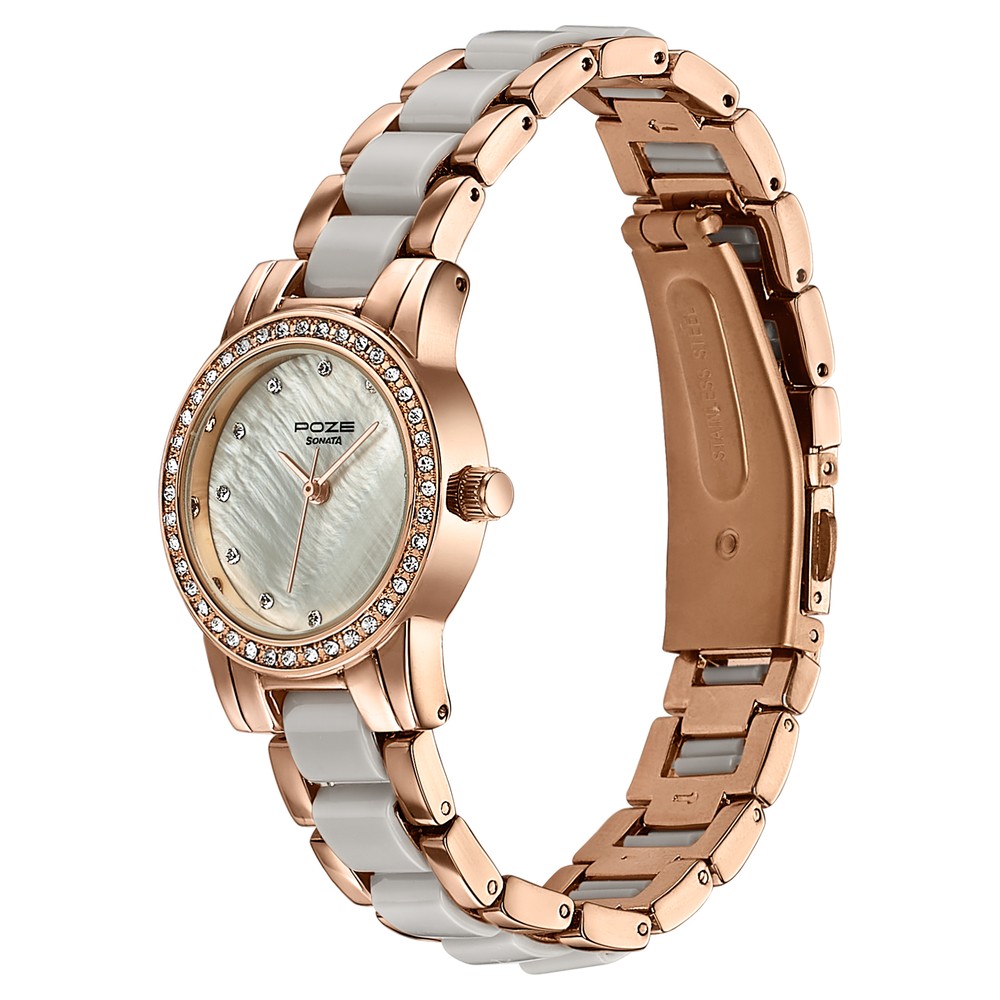 Sonata Poze Quartz Analog Beige Dial Two Toned Metal & Plastic Strap Watch For Women