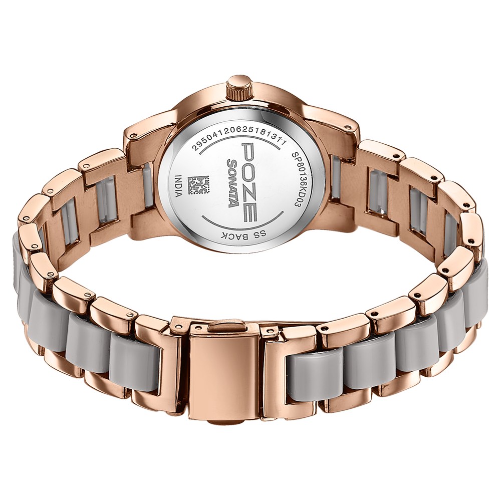 Sonata Poze Quartz Analog Beige Dial Two Toned Metal & Plastic Strap Watch For Women