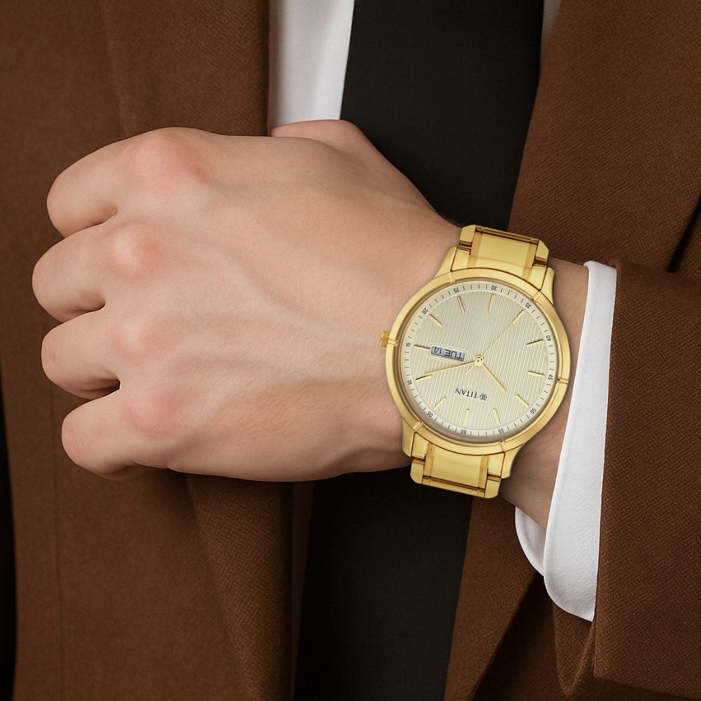 Titan Lagan Yellow Dial Analog with Day and Date Metal Strap Watch for Men