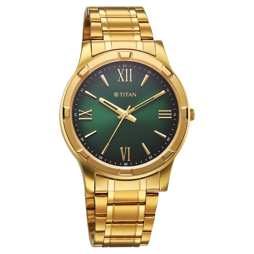 Titan Karishma Quartz Analog Green Dial Golden Stainless Steel Strap Watch For Men