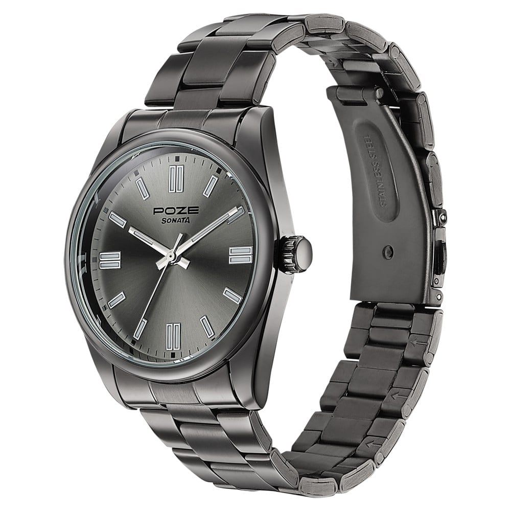 Sonata Poze Quartz Analog Grey Dial Grey Stainless Steel Strap Watch For Men