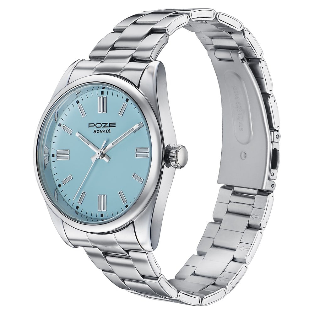 Sonata Poze Quartz Analog Blue Dial Silver Metal Strap Watch For Men