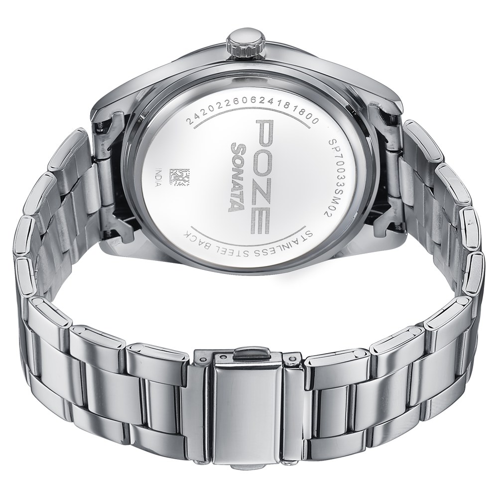 Sonata Poze Quartz Analog Blue Dial Silver Metal Strap Watch For Men