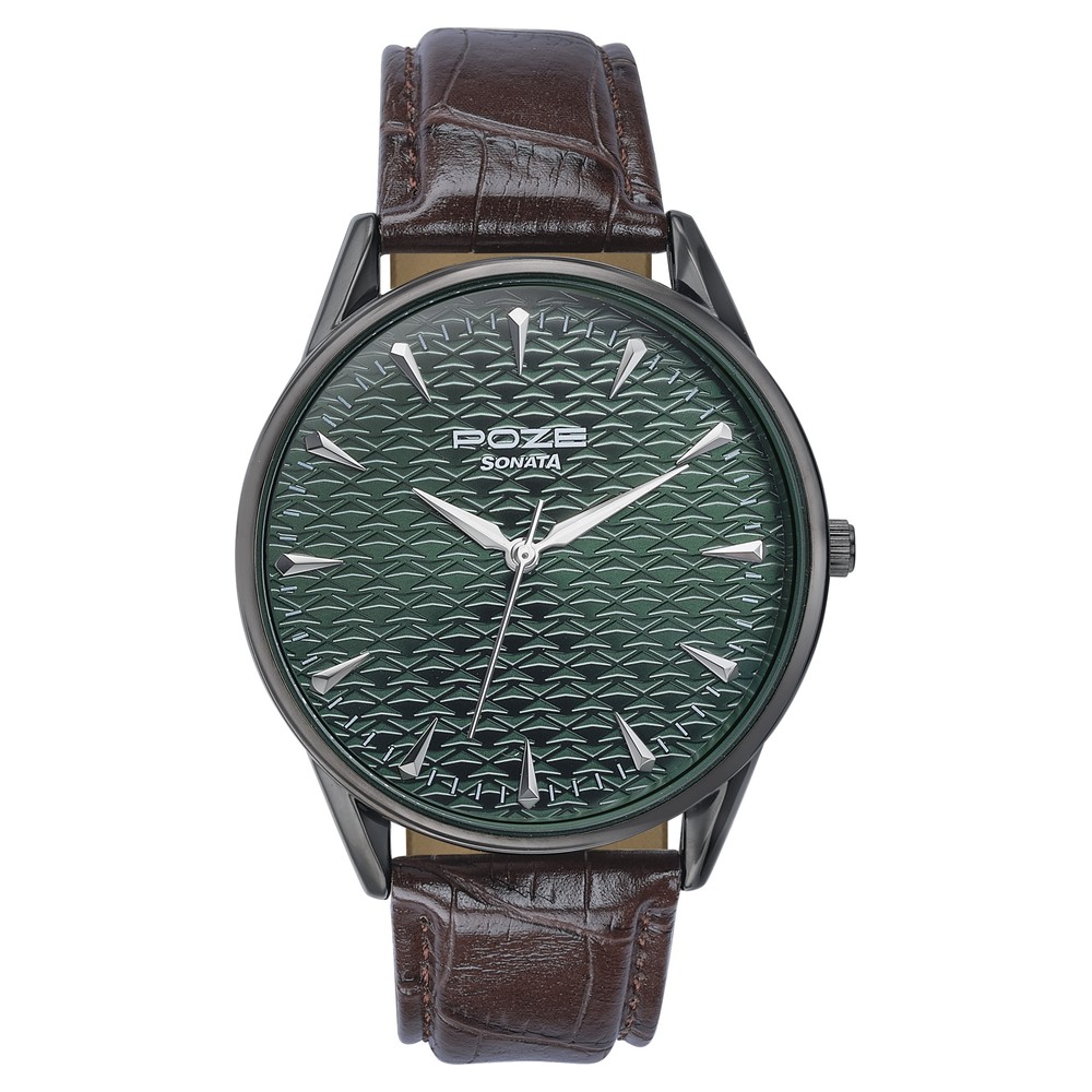 Sonata Poze Quartz Analog Green Dial Brown Color Leather Strap Watch For Men
