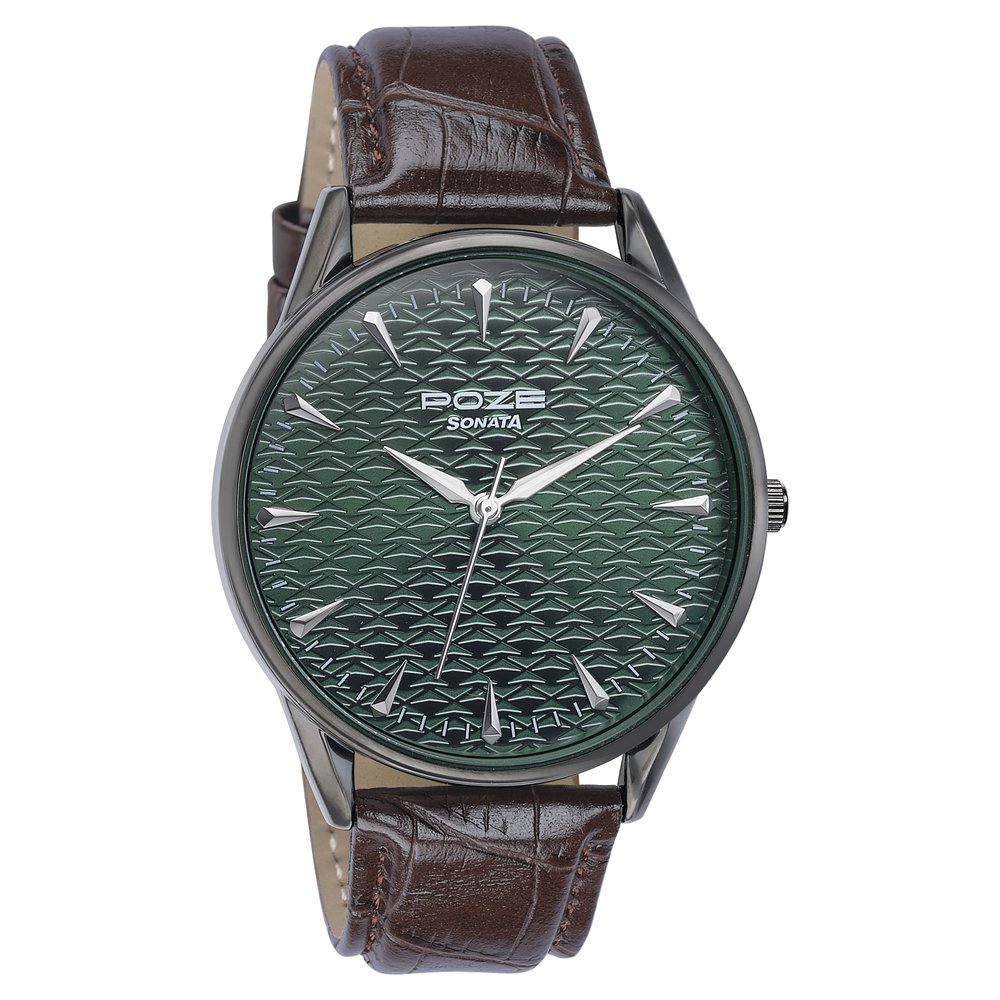 Sonata Poze Quartz Analog Green Dial Brown Color Leather Strap Watch For Men