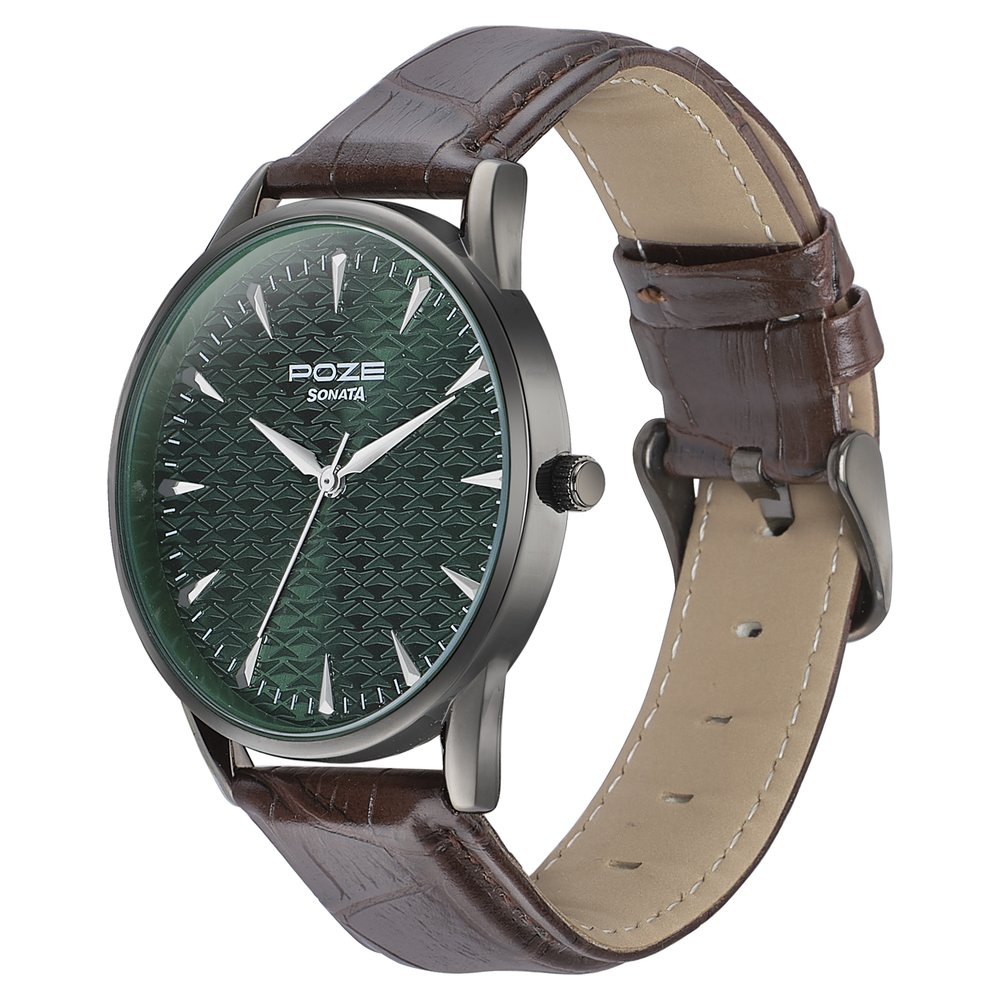 Sonata Poze Quartz Analog Green Dial Brown Color Leather Strap Watch For Men