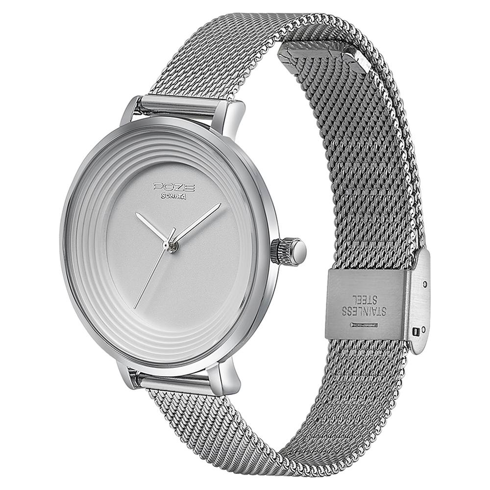 Sonata Poze Quartz Analog Silver Dial Mesh Strap Watch for Women