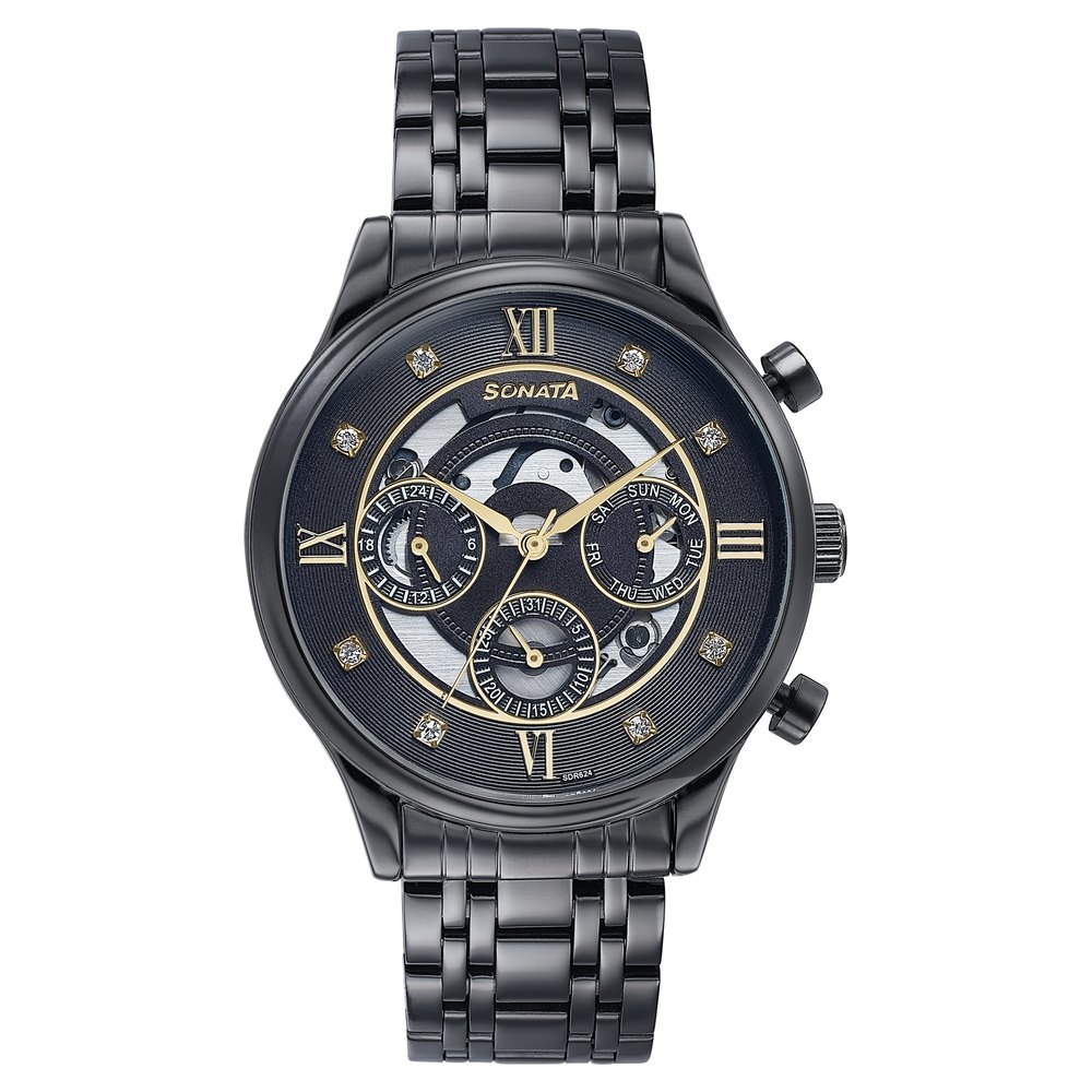 Sonata Quartz Multifunction Black Dial Stainless Steel Strap Watch For Men