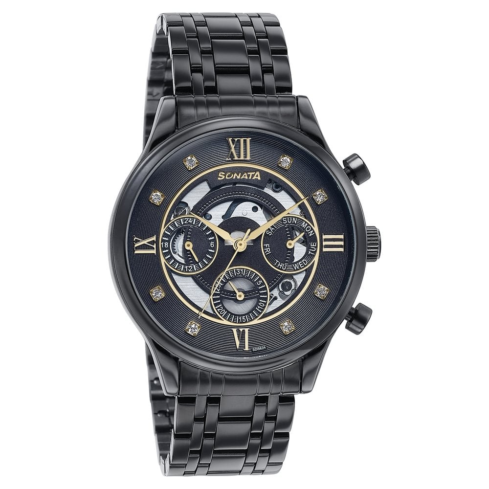 Sonata Quartz Multifunction Black Dial Stainless Steel Strap Watch For Men