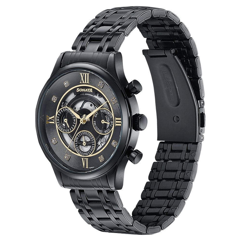 Sonata Quartz Multifunction Black Dial Stainless Steel Strap Watch For Men