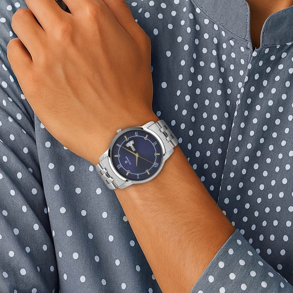 Titan Analog with Day and Date Blue Dial Stainless Steel Strap watch for Men