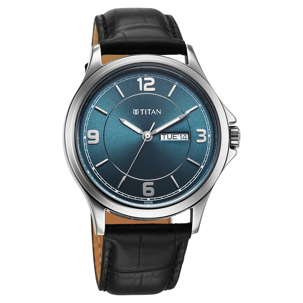 Titan Neo Arabic Analog with Day Date Teal Blue Dial Black Leather Strap Watch for Men