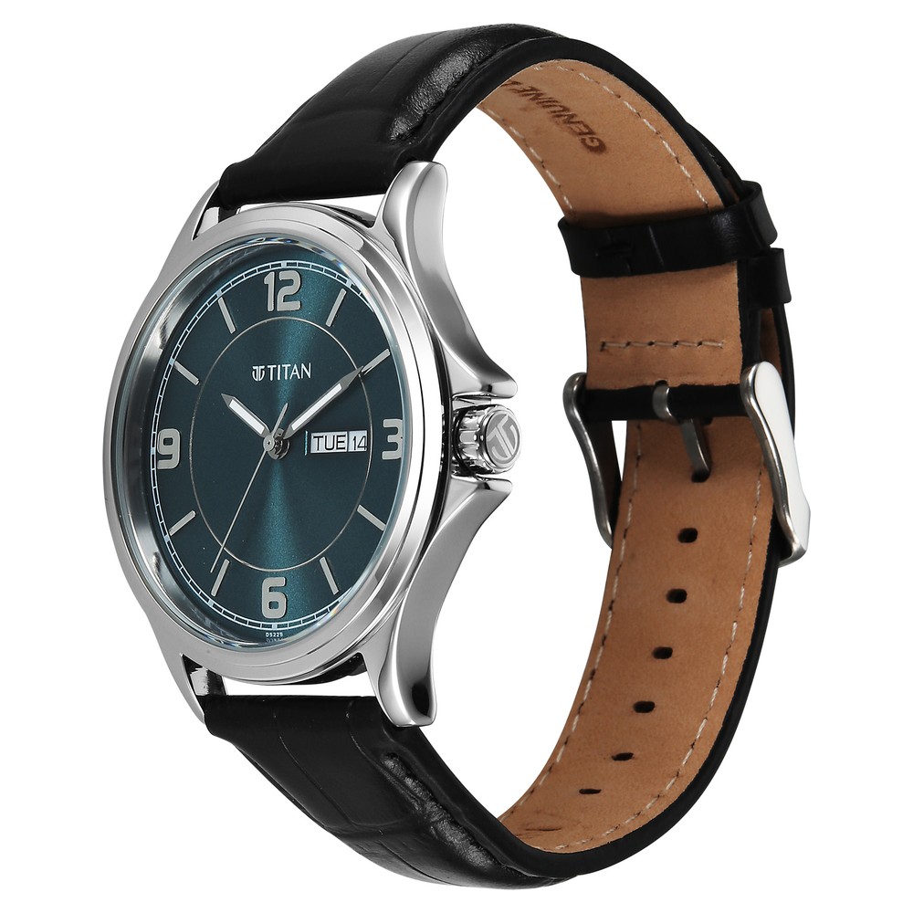 Titan Neo Arabic Analog with Day Date Teal Blue Dial Black Leather Strap Watch for Men