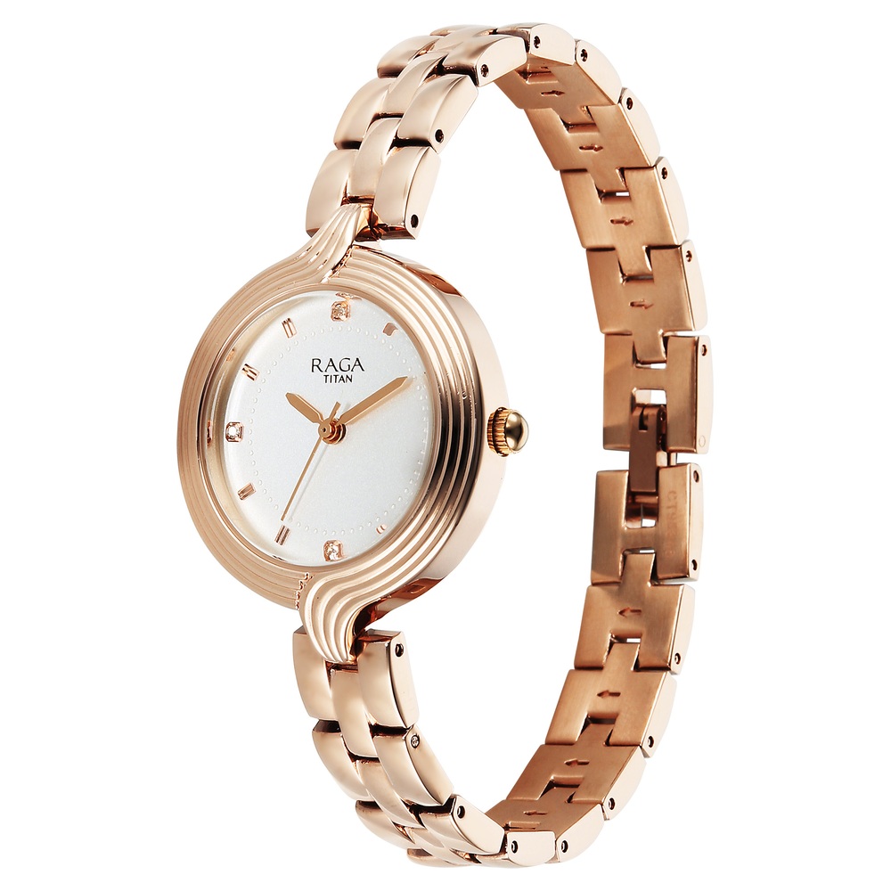 Titan Raga Showstopper Quartz Analog White Dial Rose Gold Metal Strap Watch For Women