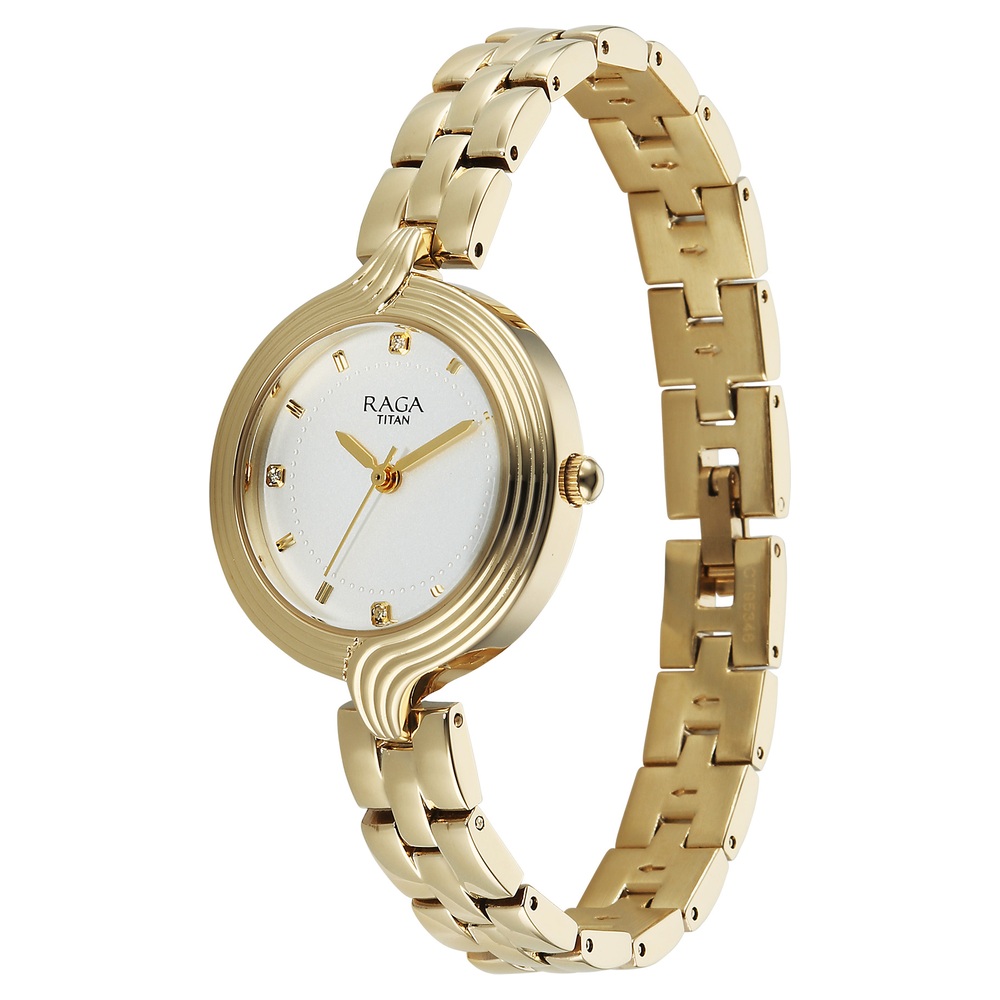 Titan Raga Showstopper Quartz Analog White Dial Rose Gold Metal Strap Watch For Women