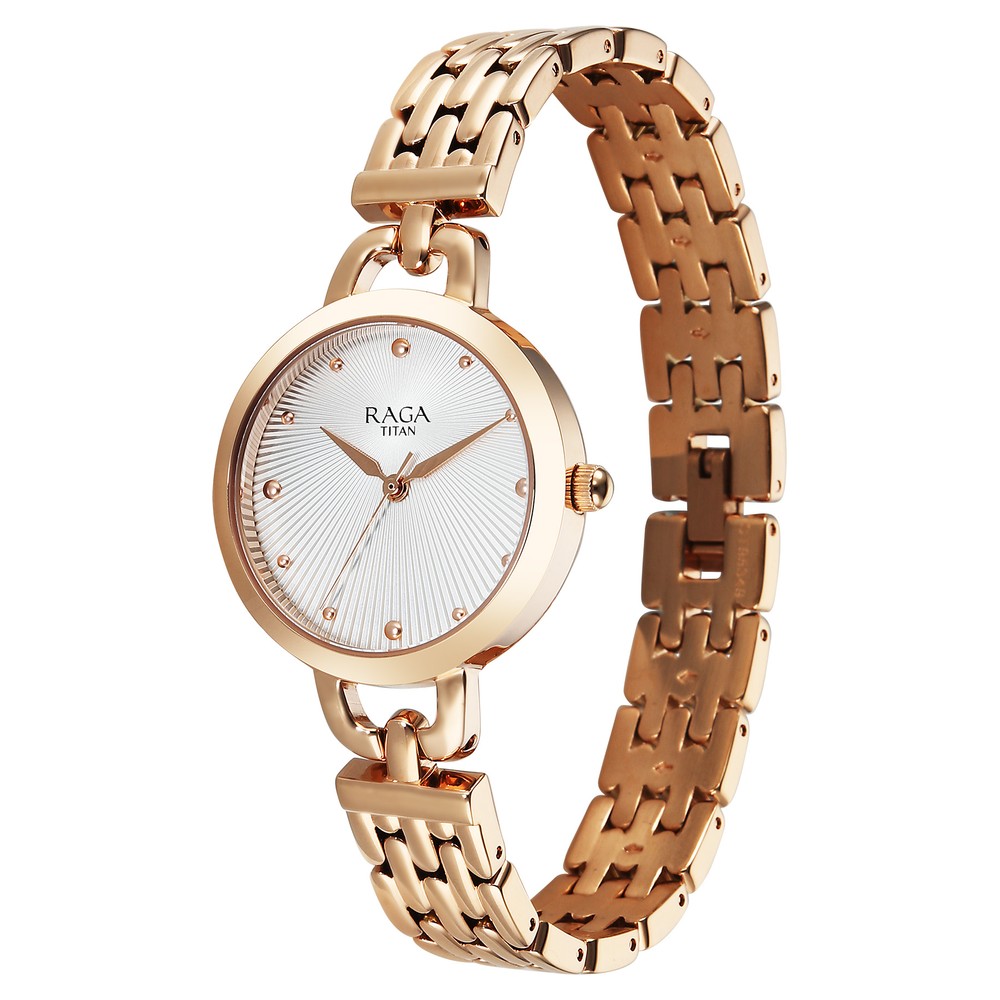 Titan Raga Showstopper Quartz Analog Silver Dial Rose Gold Metal Strap Watch For Women