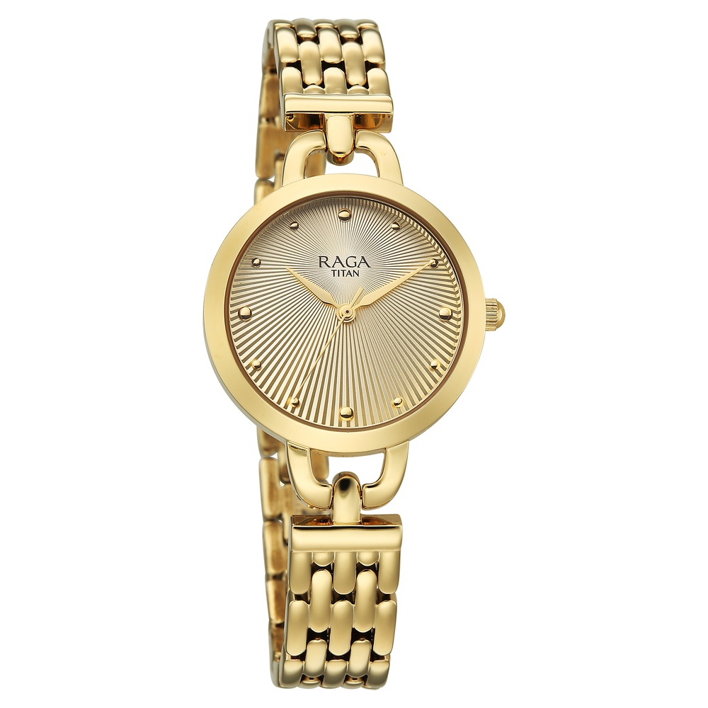 Titan Raga Showstopper Quartz Analog Silver Dial Golden Metal Strap Watch For Women