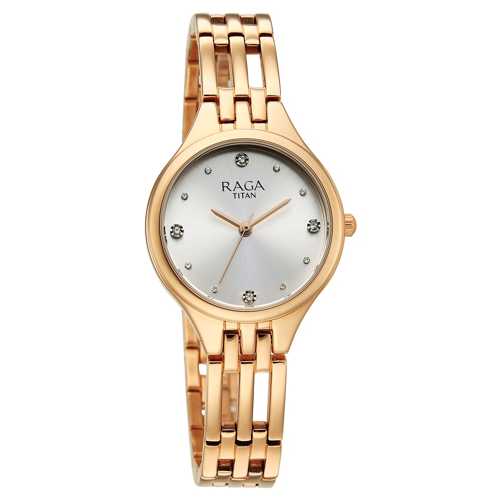 Titan Raga Showstopper Quartz Analog Silver Dial Rose Gold Metal Strap Watch For Women
