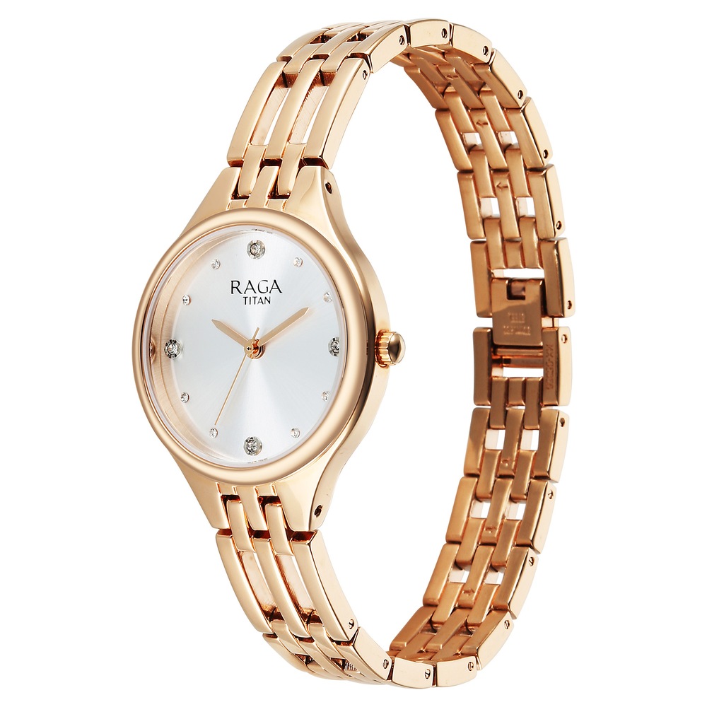 Titan Raga Showstopper Quartz Analog Silver Dial Rose Gold Metal Strap Watch For Women