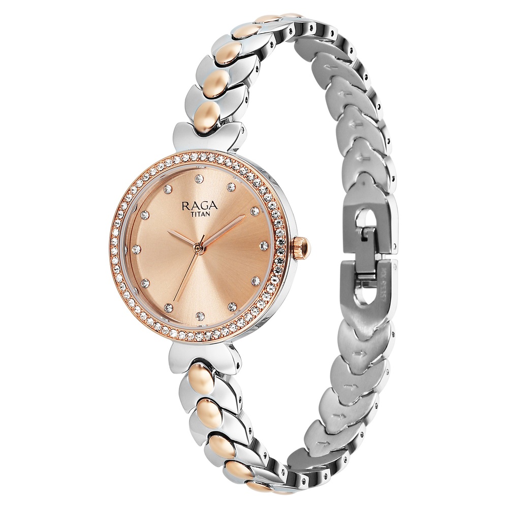 Titan Raga Showstopper Quartz Analog Rose Gold Dial Two Toned Metal Strap Watch For Women
