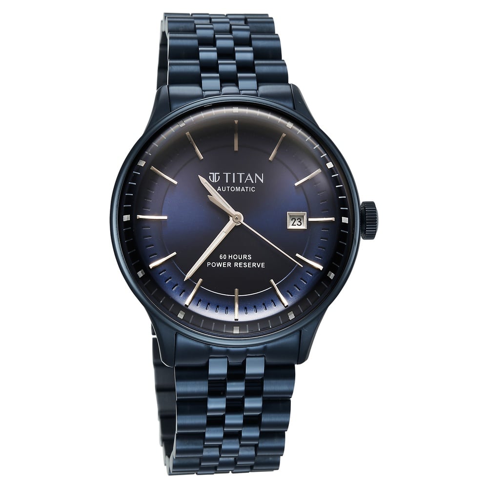 Titan Weekender 60 Hours Power Reserve Concealed Automatic Analog Blue Dial Blue Stainless Steel Strap Watch for Men