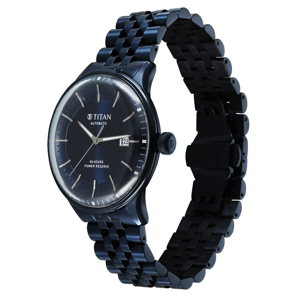 Titan Weekender 60 Hours Power Reserve Concealed Automatic Analog Blue Dial Blue Stainless Steel Strap Watch for Men