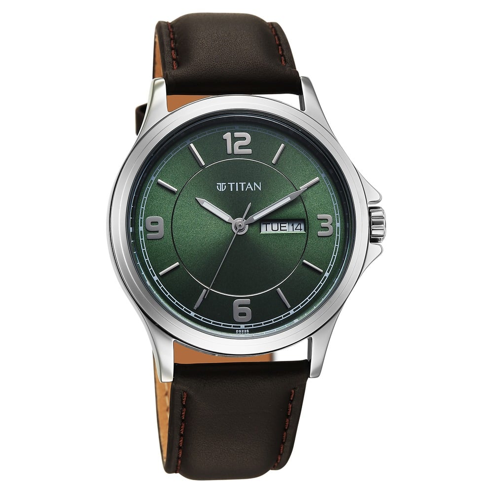 Titan Neo Arabic Analog with Day Date Green Dial Brown Leather Strap Watch for Men