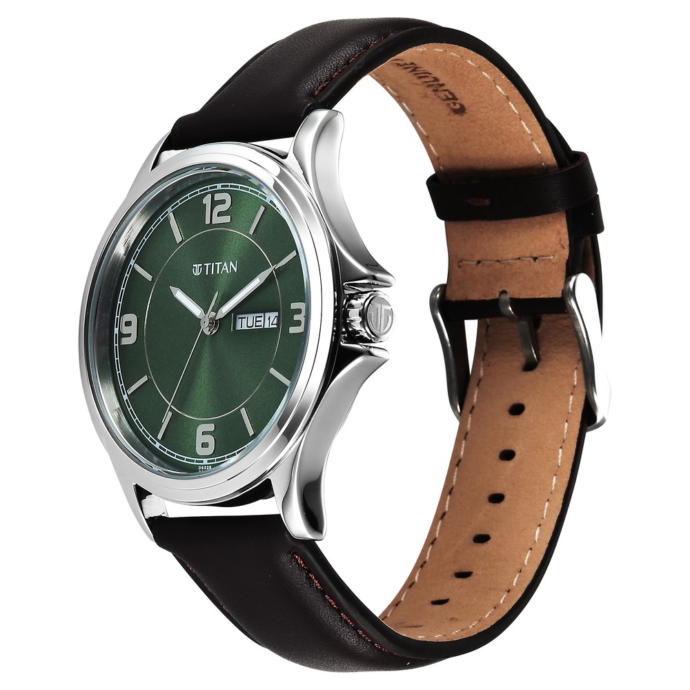 Titan Neo Arabic Analog with Day Date Green Dial Brown Leather Strap Watch for Men