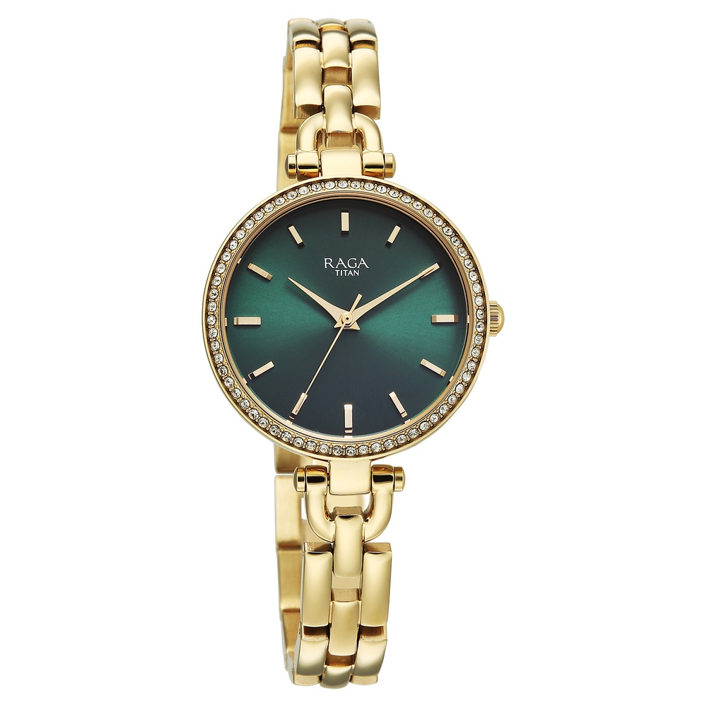 Titan Raga Showstopper Quartz Analog Green Dial Golden Metal Strap Watch For Women