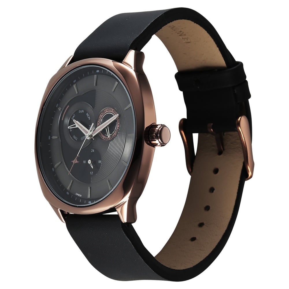 Fastrack Tik Tok Quartz Multifunction Black Dial Leather Strap Watch For Guys