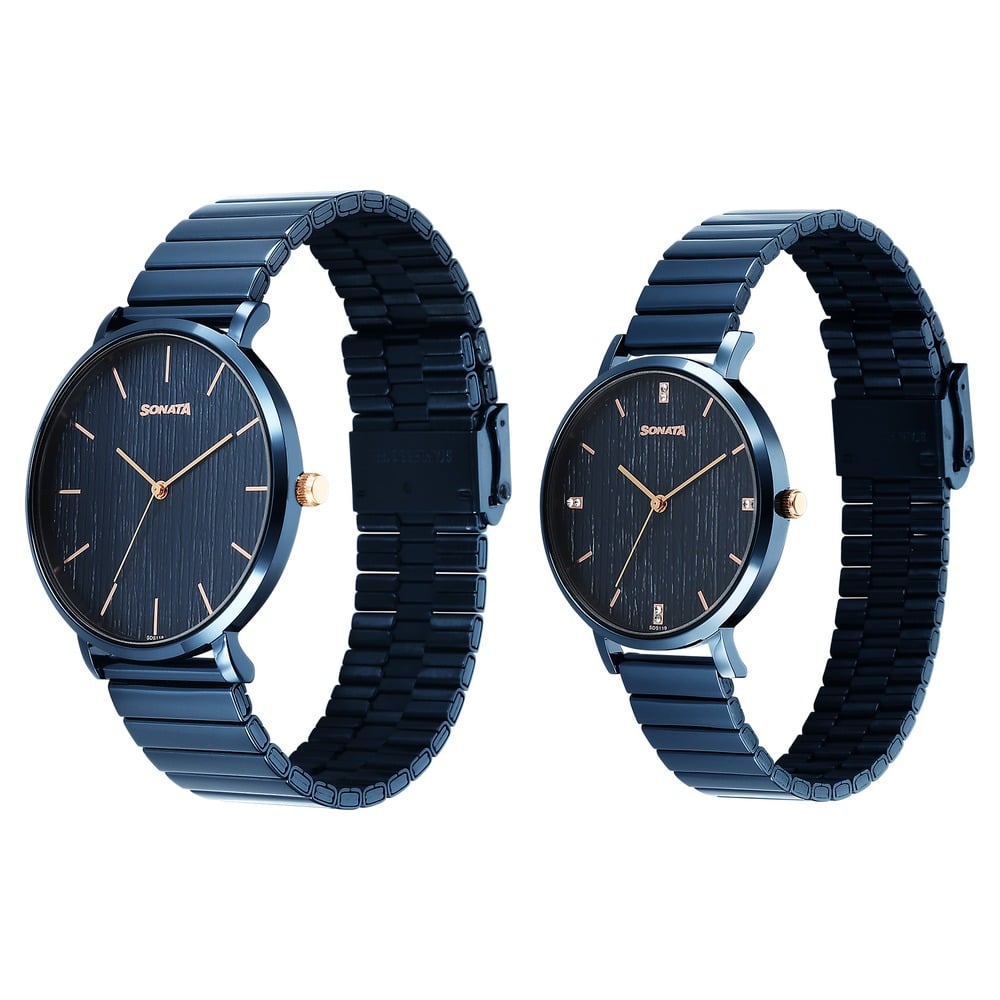 Sonata Soulmate Quartz Analog Blue Dial Blue Stainless Steel Strap Watch For Couple
