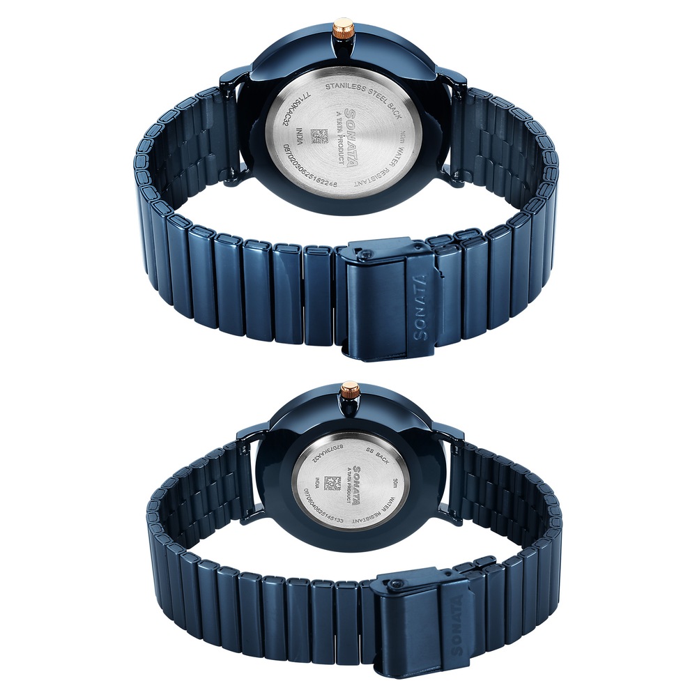 Sonata Soulmate Quartz Analog Blue Dial Blue Stainless Steel Strap Watch For Couple