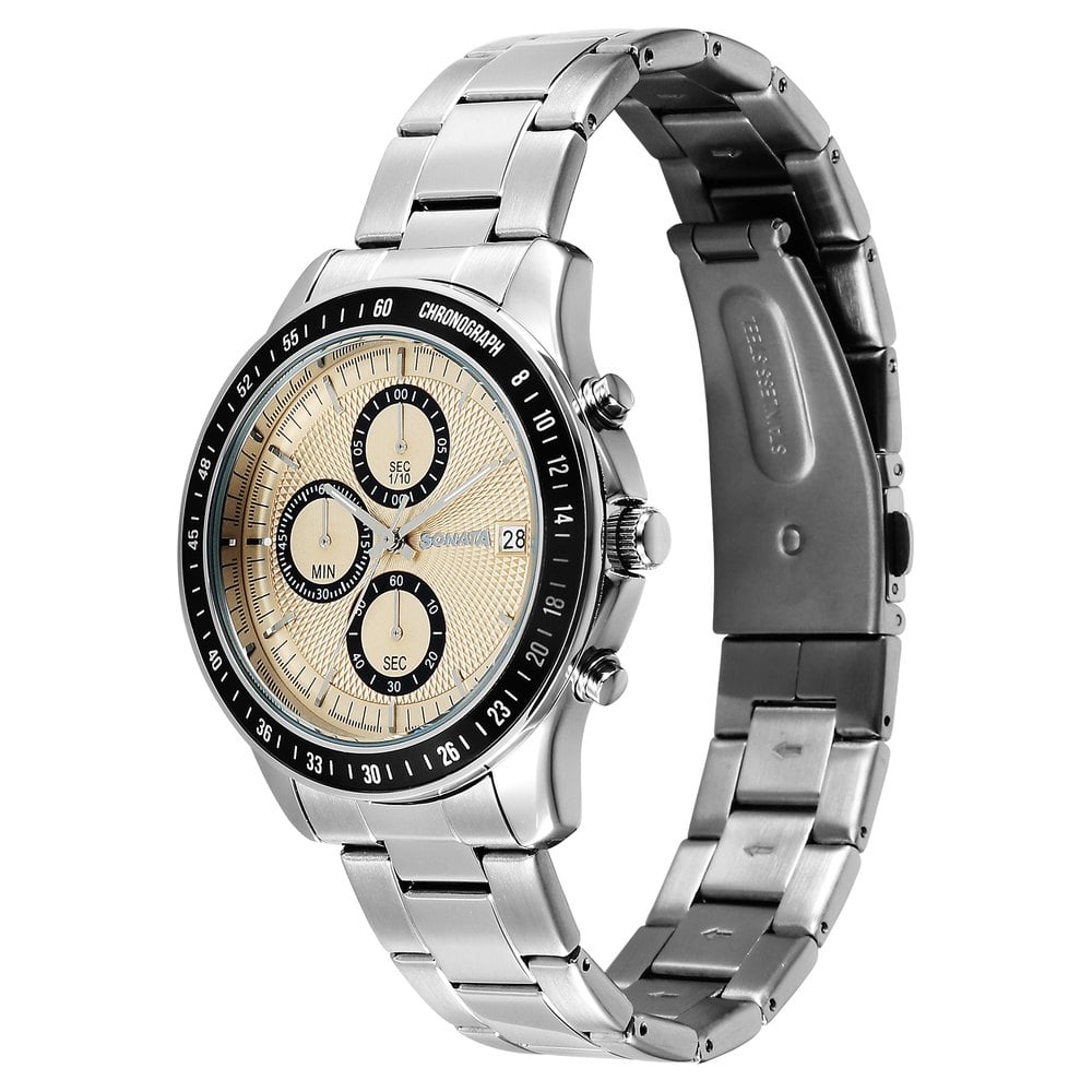 Sonata Chronos Quartz Analog with Date Champagne Dial Silver Colour Stainless Steel Strap Watch For Men