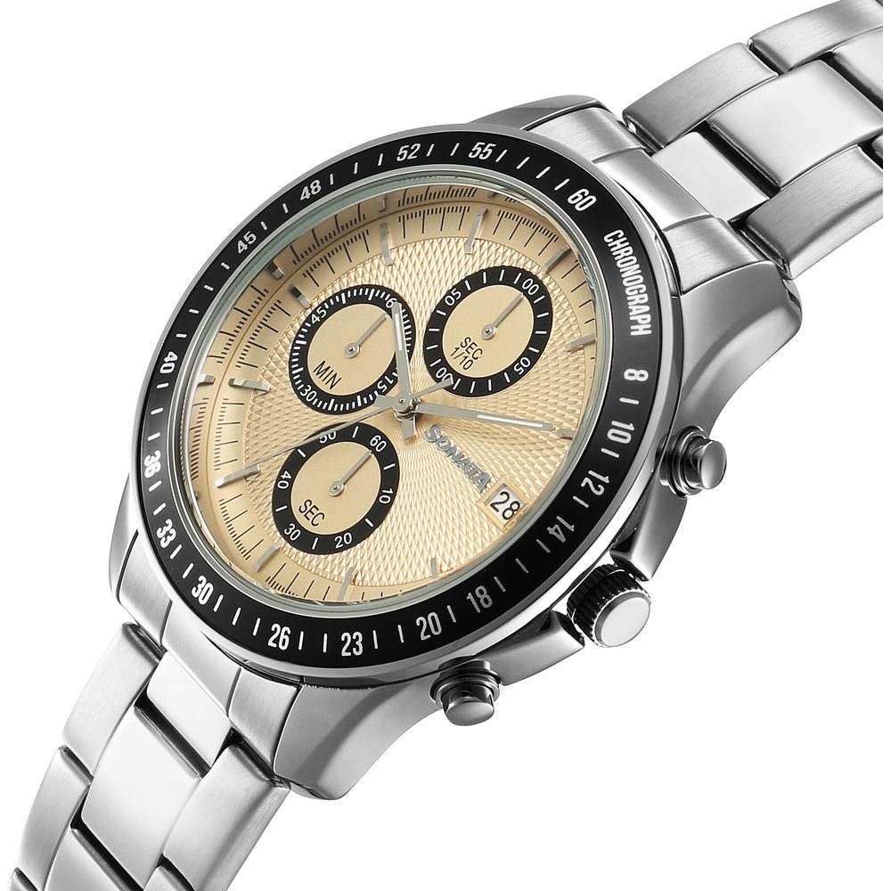 Sonata Chronos Quartz Analog with Date Champagne Dial Silver Colour Stainless Steel Strap Watch For Men