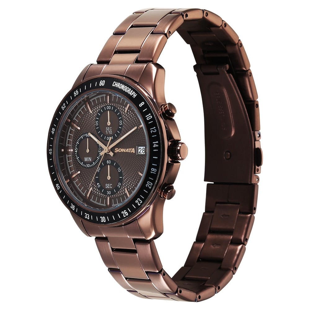 Sonata Chronos Quartz Analog with Date Brown Dial Brown Colour Stainless Steel Strap Watch For Men