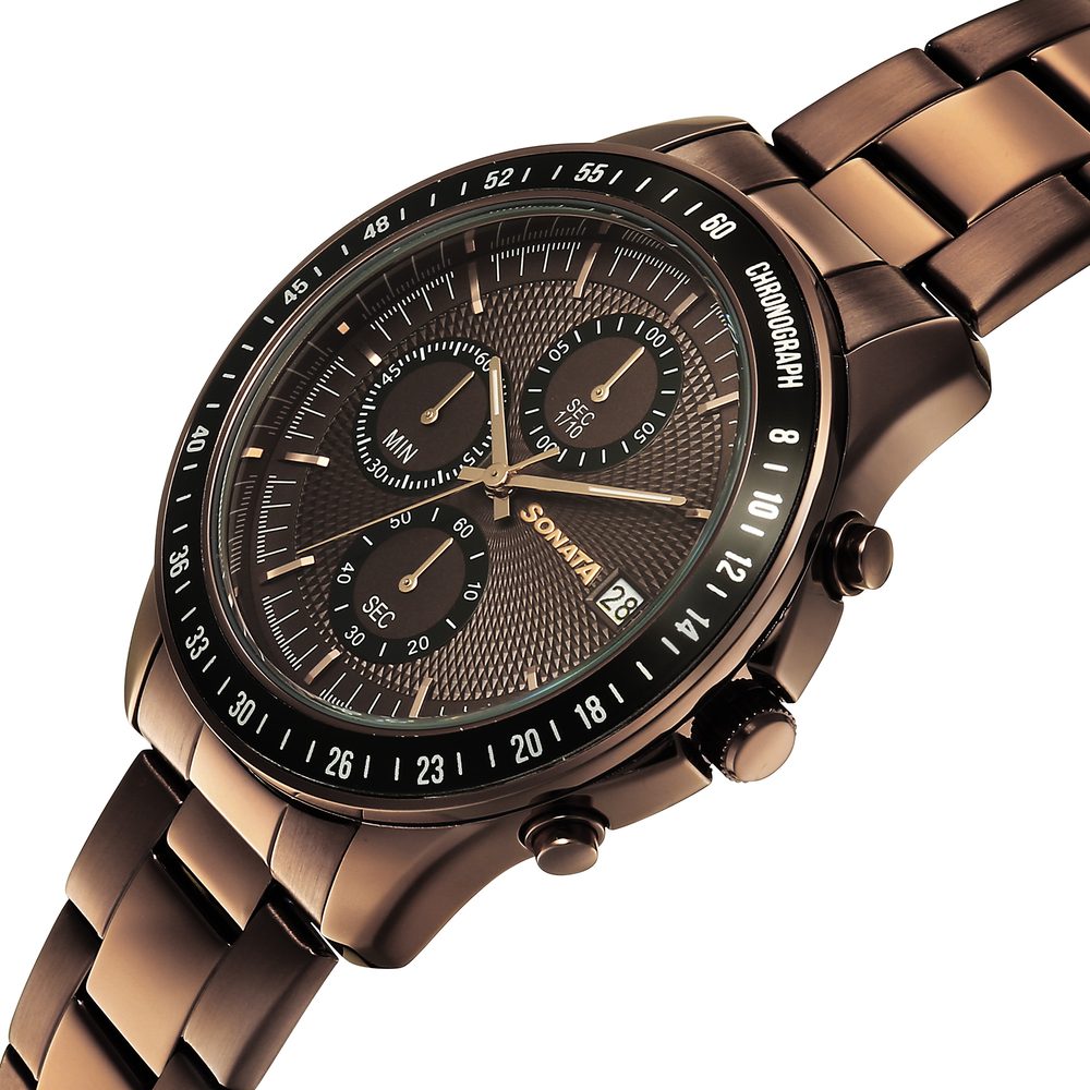 Sonata Chronos Quartz Analog with Date Brown Dial Brown Colour Stainless Steel Strap Watch For Men