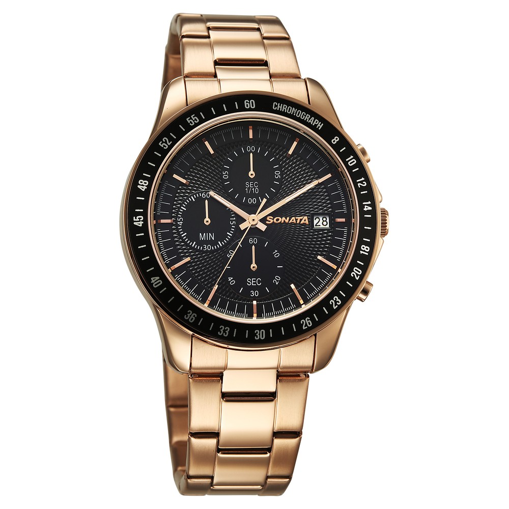 Sonata Chronos Quartz Analog with Date Black Dial Rose Gold Colour Stainless Steel Strap Watch For Men