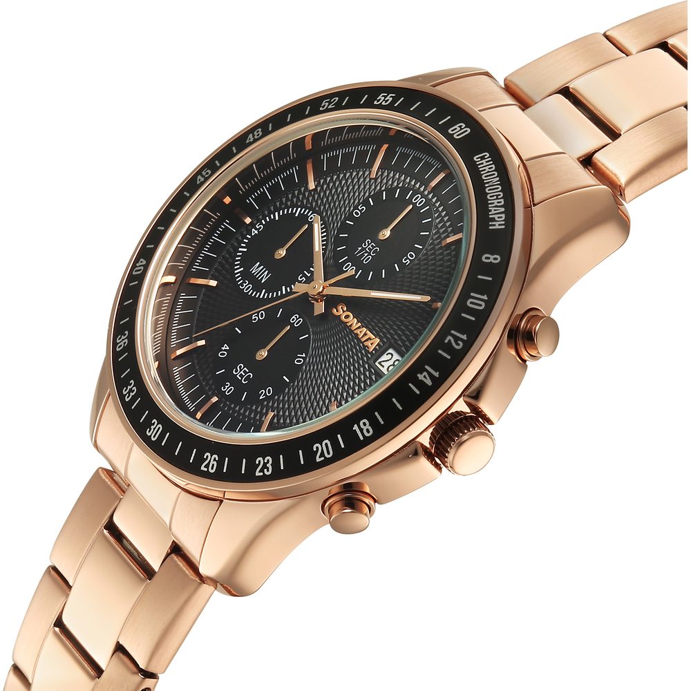 Sonata Chronos Quartz Analog with Date Black Dial Rose Gold Colour Stainless Steel Strap Watch For Men