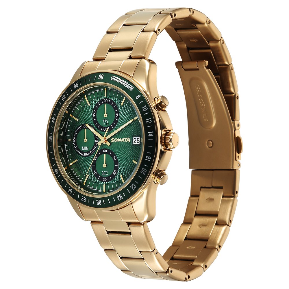 Sonata Chronos Quartz Analog with Date Green Dial Golden Colour Stainless Steel Strap Watch For Men