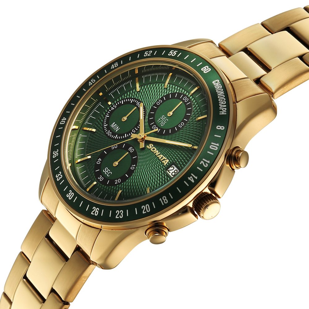 Sonata Chronos Quartz Analog with Date Green Dial Golden Colour Stainless Steel Strap Watch For Men