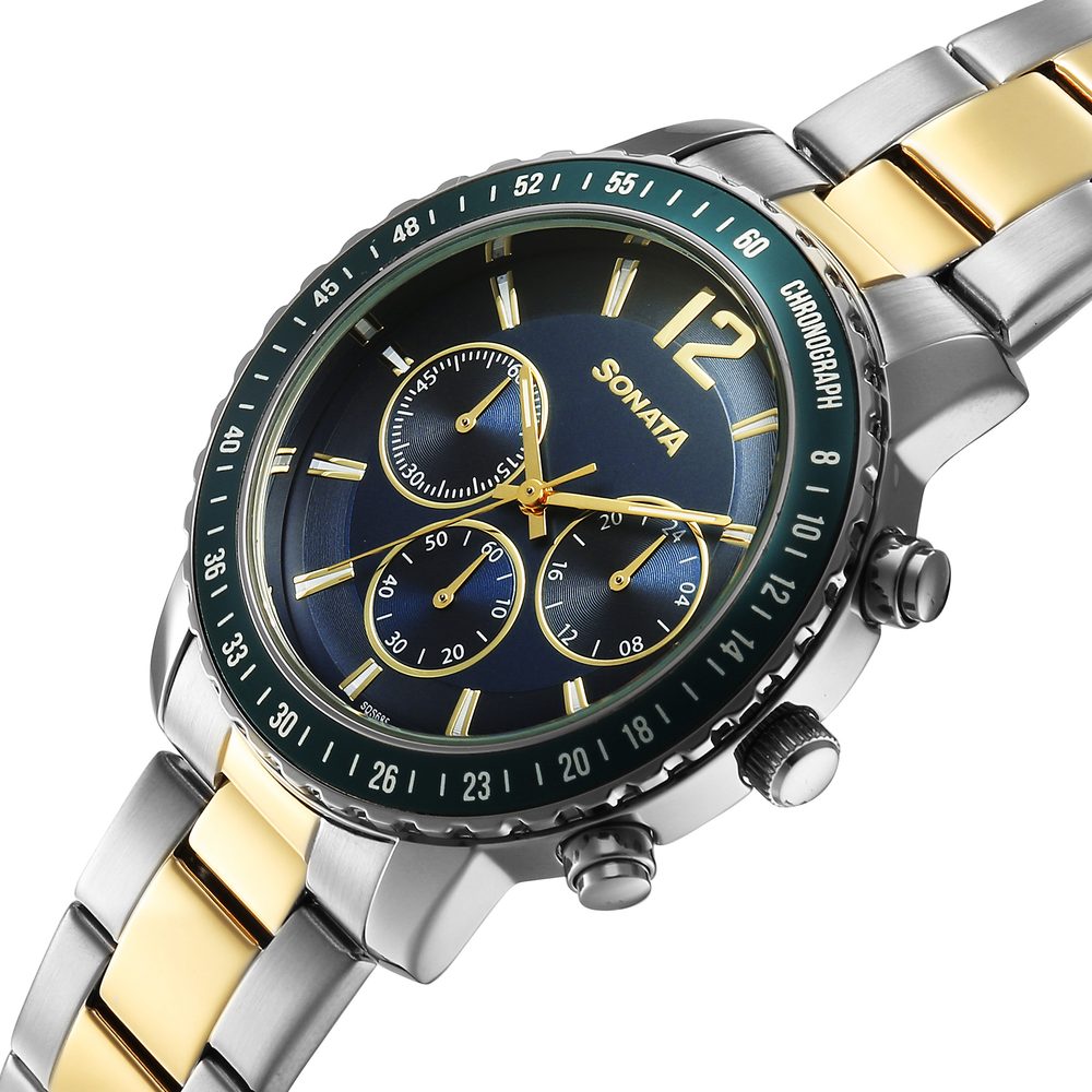 Sonata Chronos Quartz Analog with Date Blue Dial Two Toned Colour Stainless Steel Strap Watch For Men
