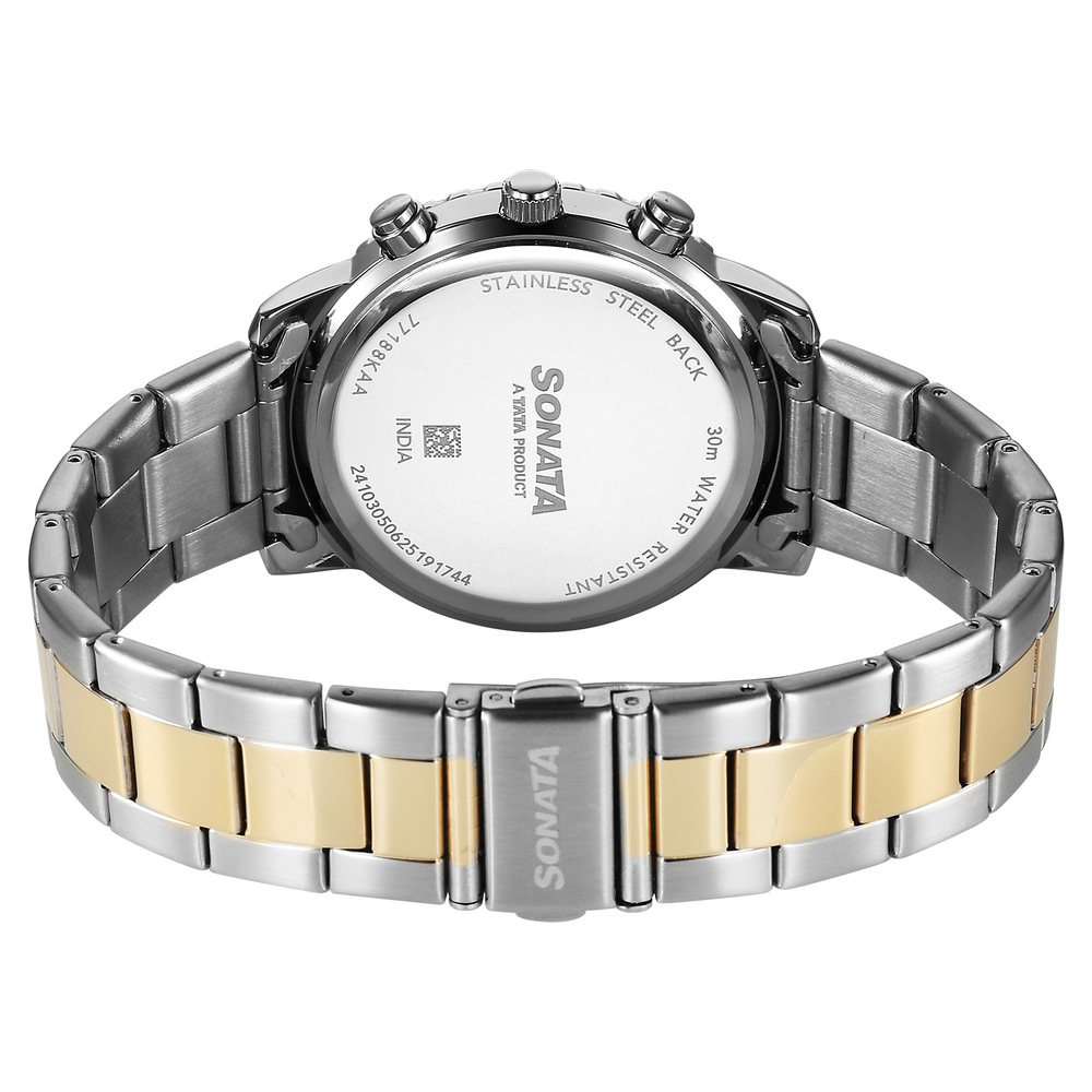 Sonata Chronos Quartz Analog with Date Blue Dial Two Toned Colour Stainless Steel Strap Watch For Men