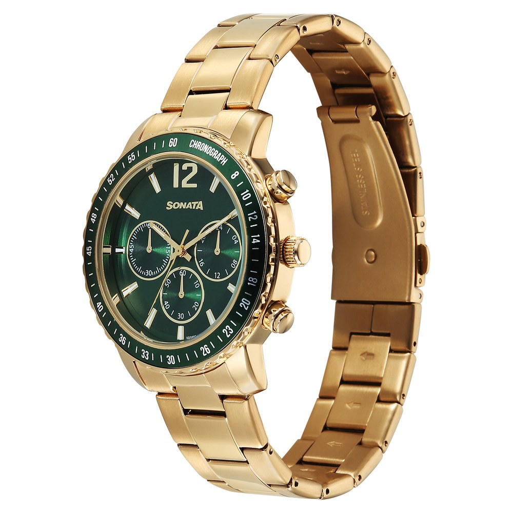 Sonata Chronos Quartz Analog with Date Green Dial Golden Colour Stainless Steel Strap Watch For Men